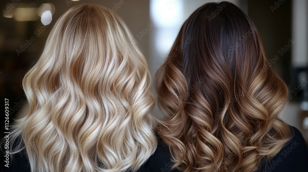 Two beautiful girls with hair coloring in blond. Stylish hairstyle curls done in a beauty salon. Beauty, cosmetics and makeup Two beautiful girls with hair coloring in blond. Stylish hairstyle curls done in a beauty salon. Beauty, cosmetics and makeup