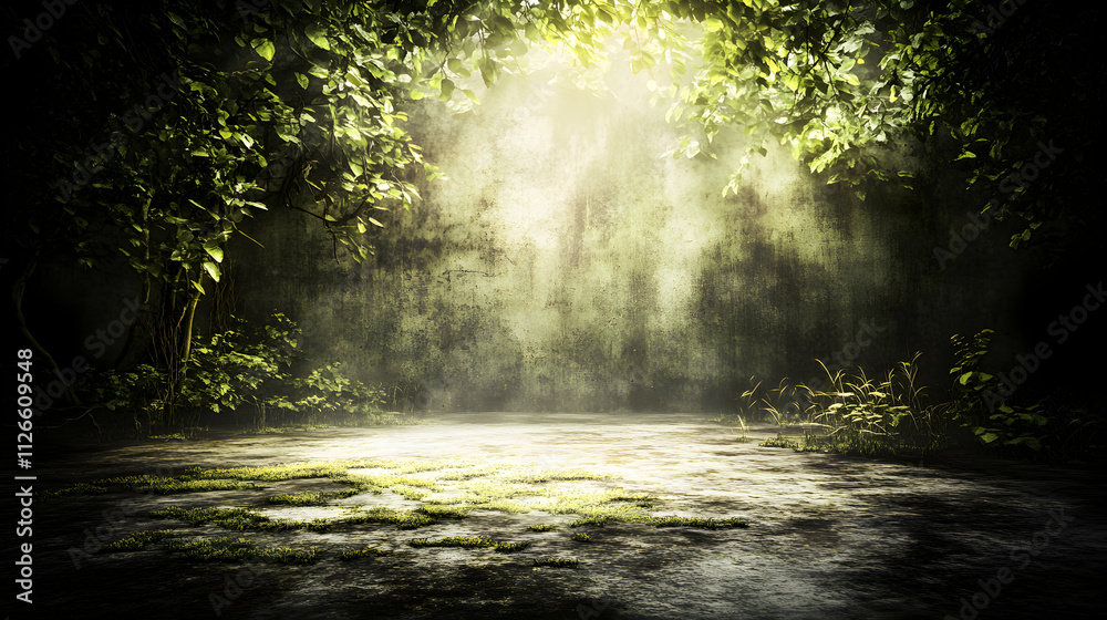 Obraz premium Enchanting, mystical forest scene with sunlit clearing and mossy ground; perfect background for fantasy, fairytale, or magical themes.