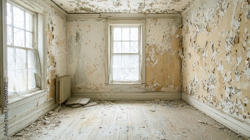 Empty, dilapidated room with peeling wallpaper and broken furniture