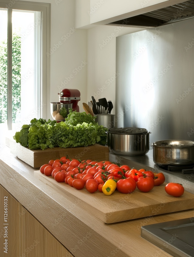 Fresh Tomatoes and Lettuce on Kitchen Counter Fresh Tomatoes and Lettuce on Kitchen Counter
