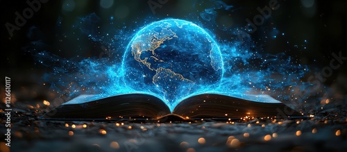 An open book with glowing pages and an ethereal blue globe of the Earth emerging from it, symbolizing global knowledge and interconnectedness in digital education.