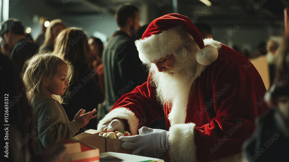 A man dressed as Santa Claus is handing a child a box of cookies A man dressed as Santa Claus is handing a child a box of cookies