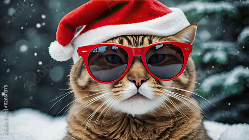  funny cat with sunglasses and red hat outdoor