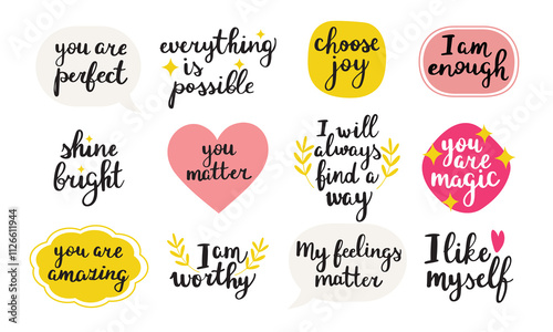 Set with 12 different self worth phrases. Encouraging affirmations. Hand written isolated vector illustrations