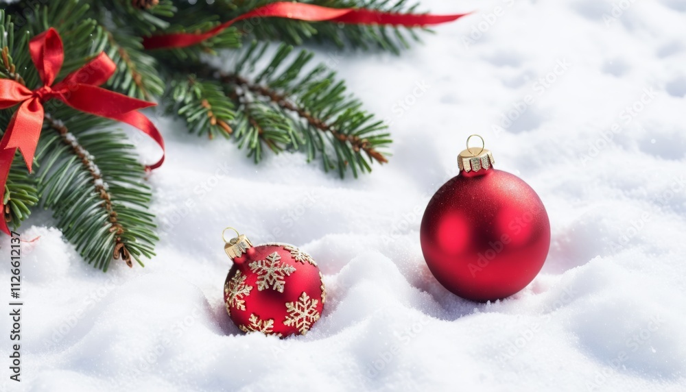 Obraz premium Bright Christmas Holidays background with Xmas ornament on snow