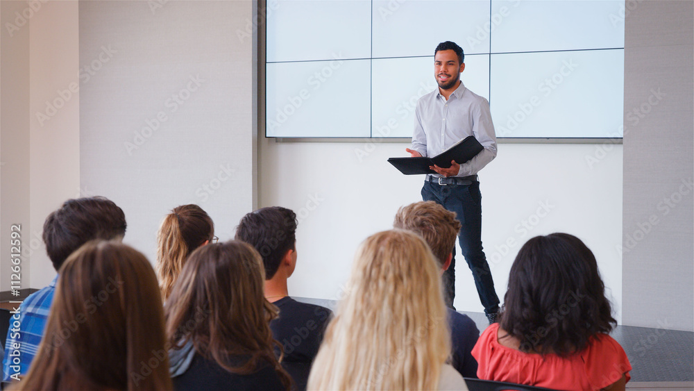 Obraz premium Male Teacher Giving Presentation To High School Or University Class In Front Of Blank Screen