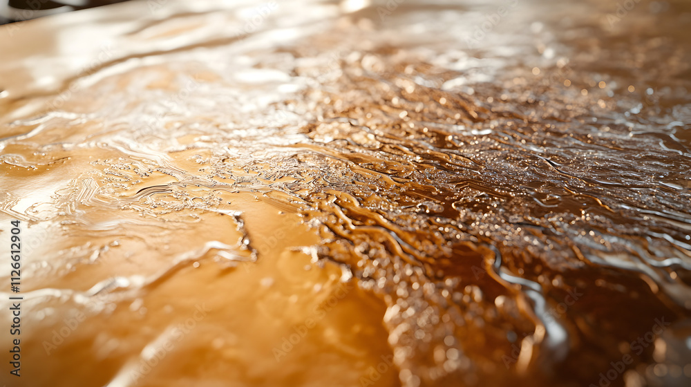 A close-up view of a textured, reflective surface resembling liquid or molten material. A close-up view of a textured, reflective surface resembling liquid or molten material.