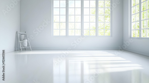 Clear out a room in your house or apartment after renovations. The interior features large windows, freshly painted white walls, a paint can, a step ladder, and protective plastic on the floor.