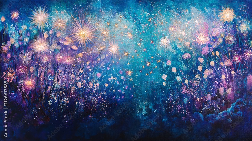 Fototapeta premium Vibrant starburst sparkles radiate against a backdrop of shimmering blues and purples, creating a dazzling display that evokes an ethereal and enchanting atmosphere. 