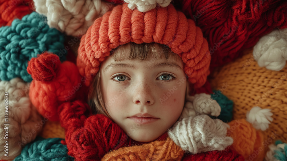 A young girl is wearing a red hat and surrounded by a pile of colorful yarn A young girl is wearing a red hat and surrounded by a pile of colorful yarn