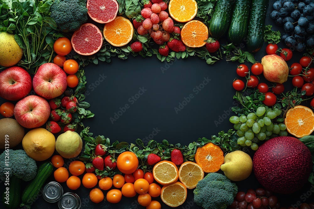 Black background with a top view of the table, on which there is an empty black sheet for writing or drawing, surrounded by vegetables and fruits Black background with a top view of the table, on which there is an empty black sheet for writing or drawing, surrounded by vegetables and fruits
