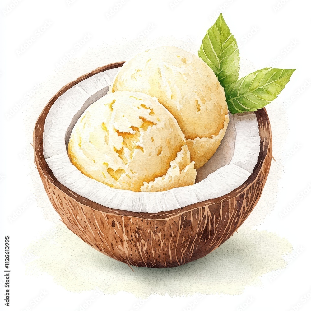 Delicious Coconut Ice Cream in Shell Watercolor Illustration