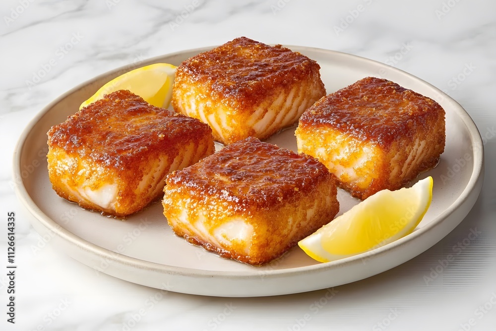 A plate of golden-brown, crispy fish fillets served with lemon wedges. A plate of golden-brown, crispy fish fillets served with lemon wedges.