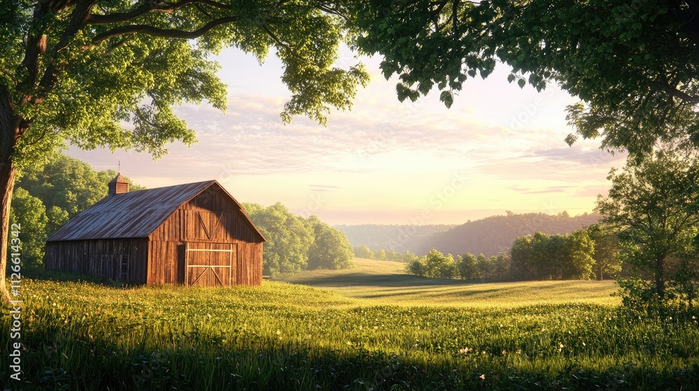 A rustic barn surrounded by lush green pastures, with a clear sunset casting a warm glow, A rustic barn surrounded by lush green pastures, with a clear sunset casting a warm glow,