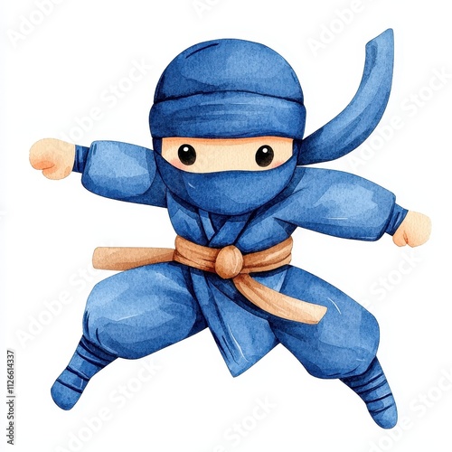 Cute Ninja Kid Watercolor Clipart Jumping Martial Arts Cartoon Child Illustration Fun Blue Adorable photo