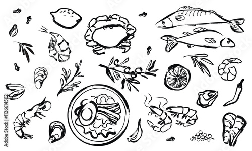 hand drawn seafood set. chalk drawing. japanese cuisine. collection of vector food illustrations.