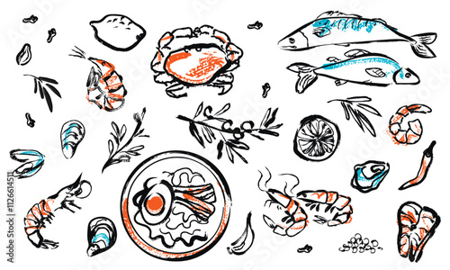 hand drawn seafood set. chalk drawing. japanese cuisine. collection of vector food illustrations. elegant linear drawing. black and white line art.
