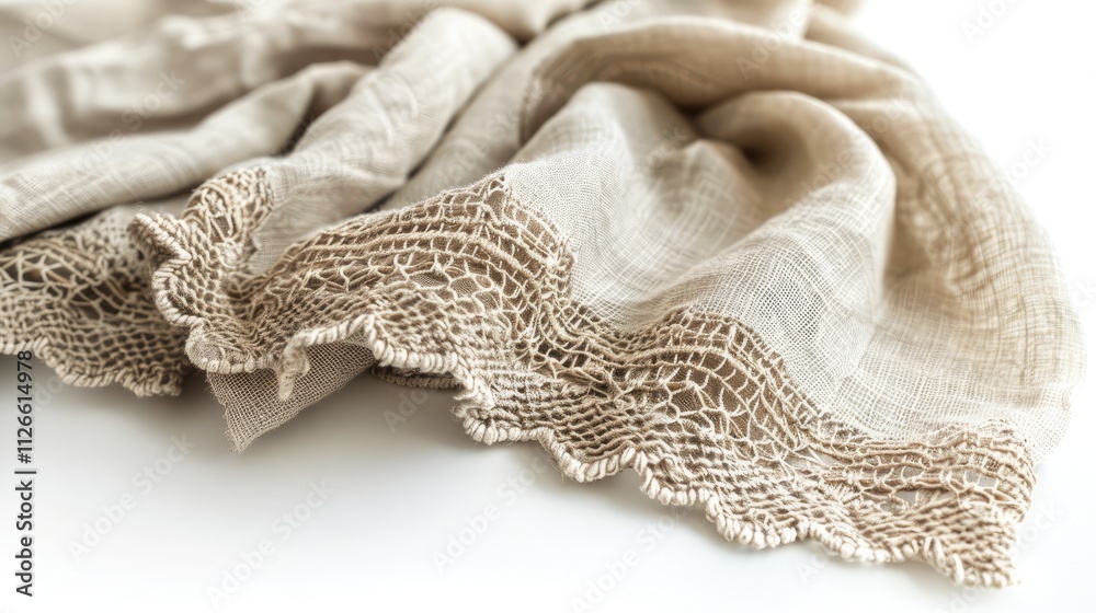 A elegant, lace-trimmed linen towel with a vintage, sophisticated design and light texture, hanging isolated on a white background A elegant, lace-trimmed linen towel with a vintage, sophisticated design and light texture, hanging isolated on a white background