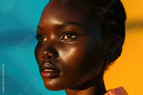 Striking beauty portrait of African woman against vibrant turquoise and yellow background. Modern fashion photography highlighting natural skin glow and dramatic lighting