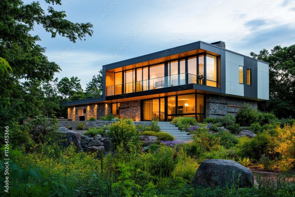 modern house with large windows surrounded by greenery