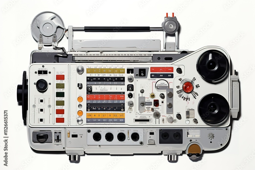 Fototapeta premium Vintage 35mm camera on white background with lens and reflection on the surface below the camera 