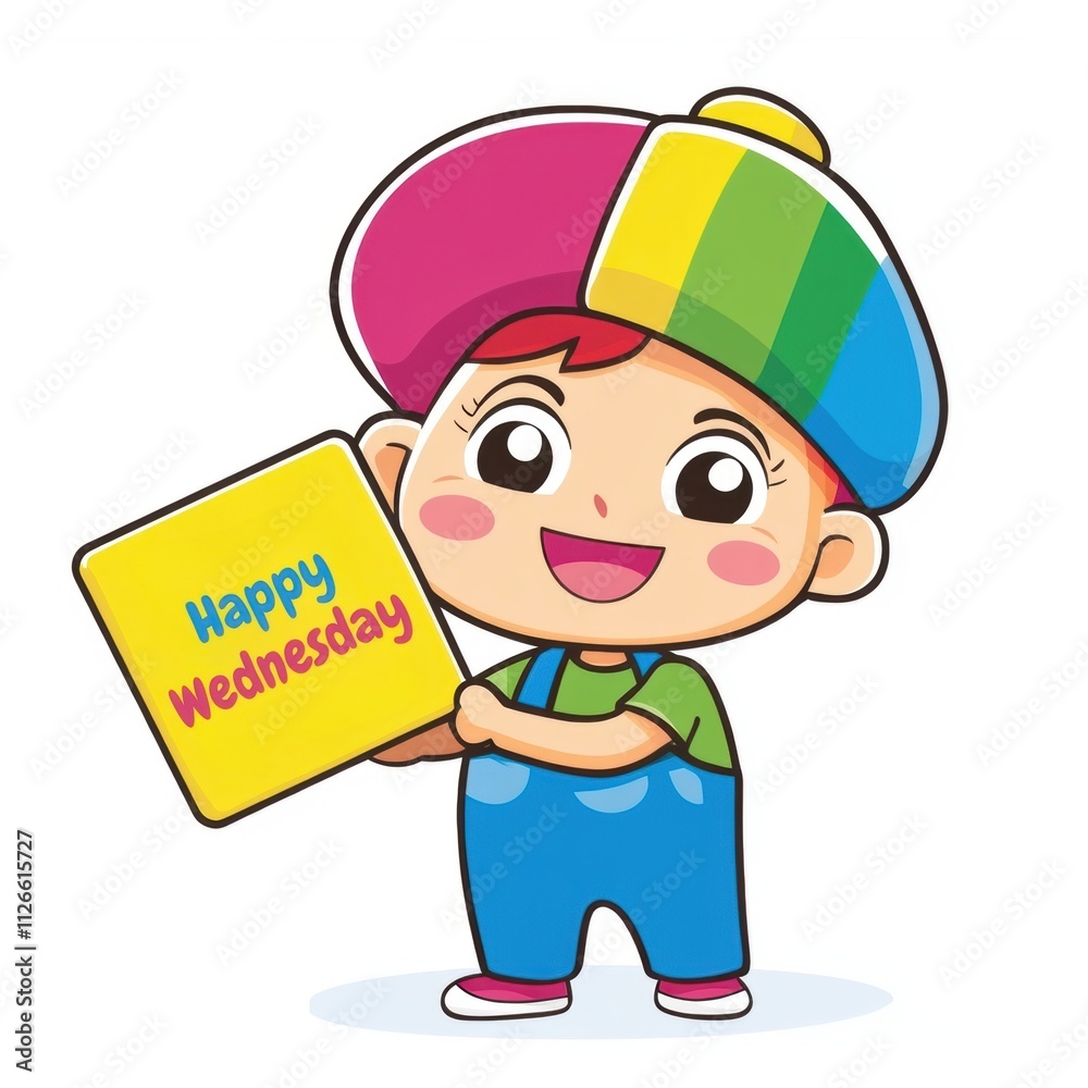 A cheerful cartoon character in a colorful hat holding a sign that says A cheerful cartoon character in a colorful hat holding a sign that says