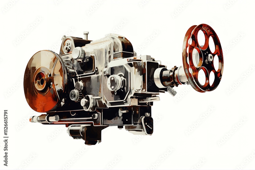 Fototapeta premium Vintage 35mm camera on white background with lens and reflection on the surface below the camera 
