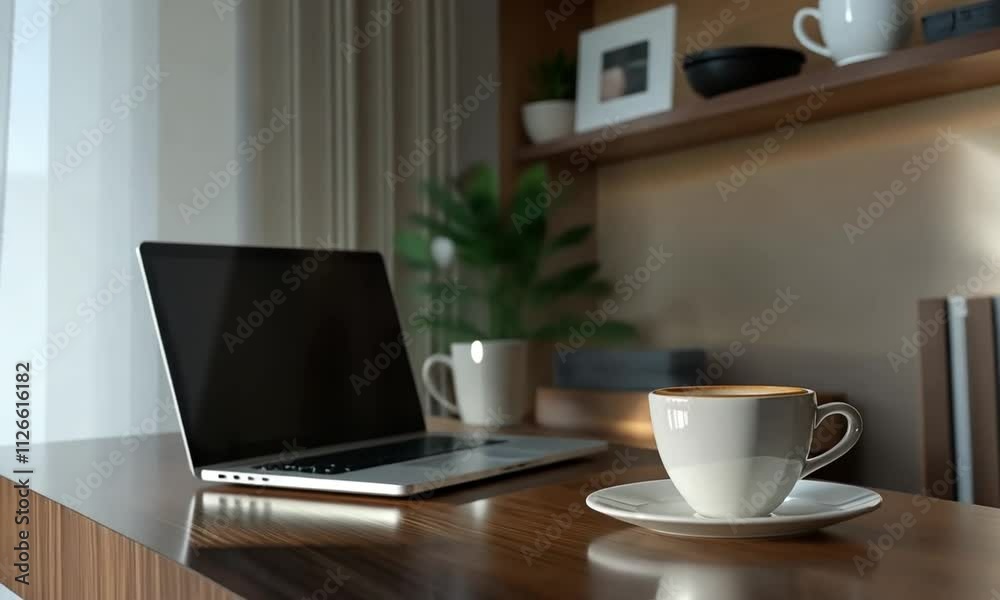 Latte and Laptop on a Modern Wooden Desk in a Home Office Latte and Laptop on a Modern Wooden Desk in a Home Office