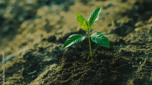 Young plant in soil symbolizes growth and sustainability business concept.