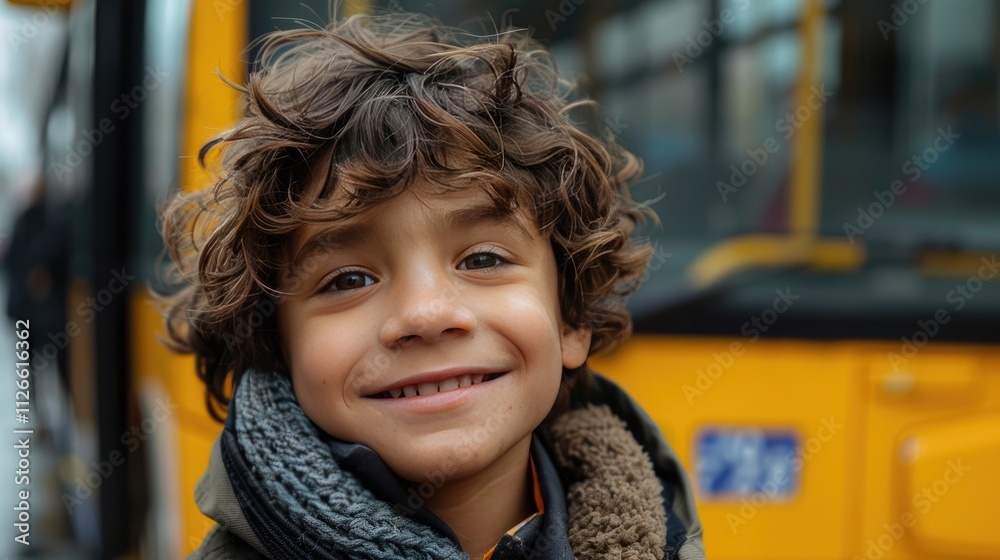A charming, young boy with a messy, mop of hair, waiting for the bus, with a friendly wave A charming, young boy with a messy, mop of hair, waiting for the bus, with a friendly wave