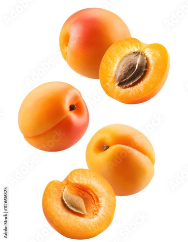 Whole and halved ripe apricots displaying their juicy flesh and pits against a clear background