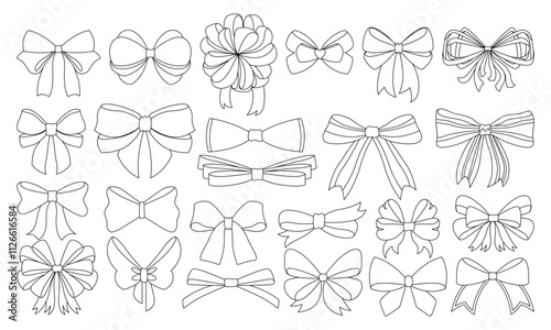 Bows icon set, coloring style. Various cartoon ribbons for invitation or gifts, present cards and luxury wrap pack. Decoration for your design. Vector illustration