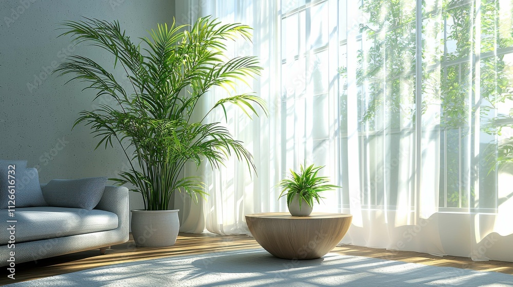 A serene living space featuring a soft couch, a stylish round coffee table, and vibrant plants bathed in natural light from large windows. The atmosphere is calming and inviting. A serene living space featuring a soft couch, a stylish round coffee table, and vibrant plants bathed in natural light from large windows. The atmosphere is calming and inviting.