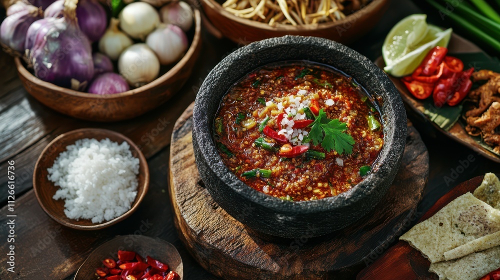 Sambal Bawang or traditional Indonesian spicy onion sauce made with ingredients onion, red chilies, garlic, and salt. Sambal Bawang or traditional Indonesian spicy onion sauce made with ingredients onion, red chilies, garlic, and salt.