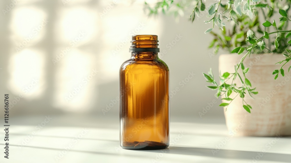 Herbal supplement bottle displayed on white surface minimalist style natural environment product photography wellness concept Herbal supplement bottle displayed on white surface minimalist style natural environment product photography wellness concept