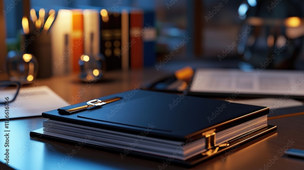 A professional display of an insurance policy binder and financial reports on a clean desk, with ambient lighting. A professional display of an insurance policy binder and financial reports on a clean desk, with ambient lighting.