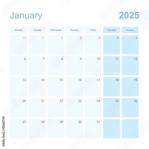 2025 January wall planner in blue pastel color, week starts on Monday.