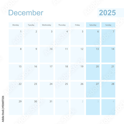 2025 December wall planner in blue pastel color, week starts on Monday.