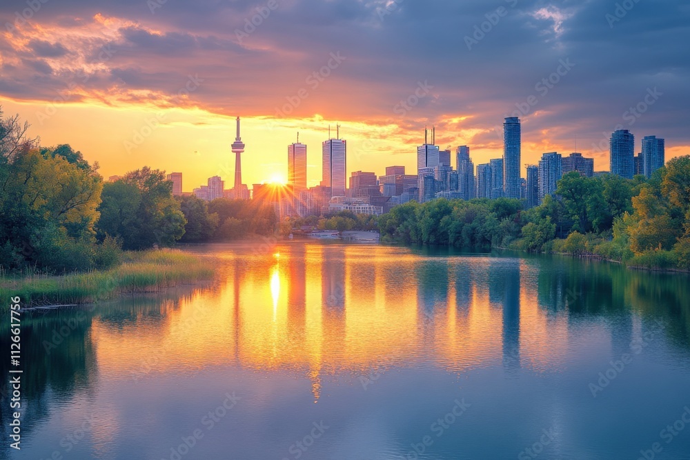 Obraz premium beautiful sunset over city skyline reflecting on water