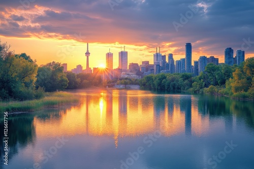 beautiful sunset over city skyline reflecting on water