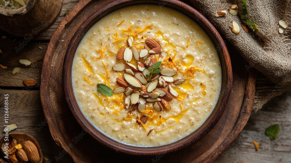 A plate of kheer topped with slivered almonds and saffron. A plate of kheer topped with slivered almonds and saffron.