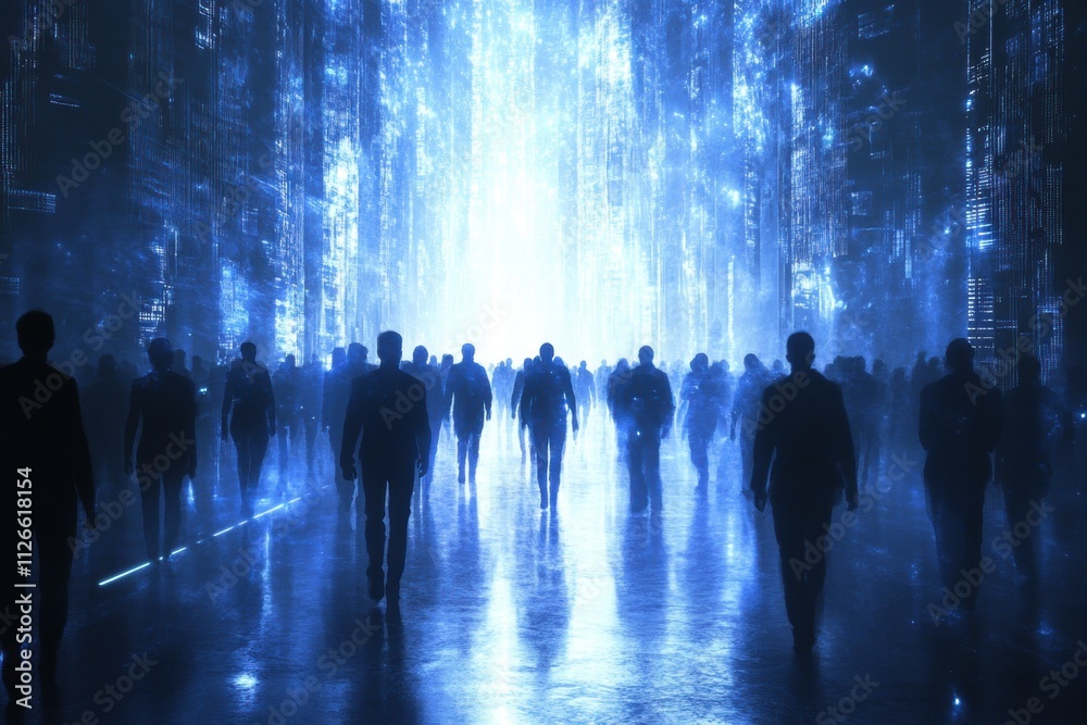 Obraz premium Crowd Walking Towards Bright Future in Futuristic City