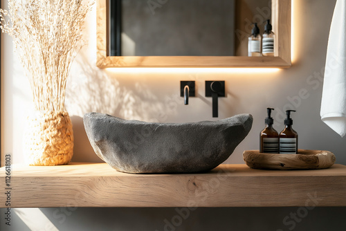 An aged stone sink, a wooden shelf with an organic soap bottle and towels, a rustic mirror hanging on the wall above it, a textured beige stucco background, creating a warm, earthy atmosphere