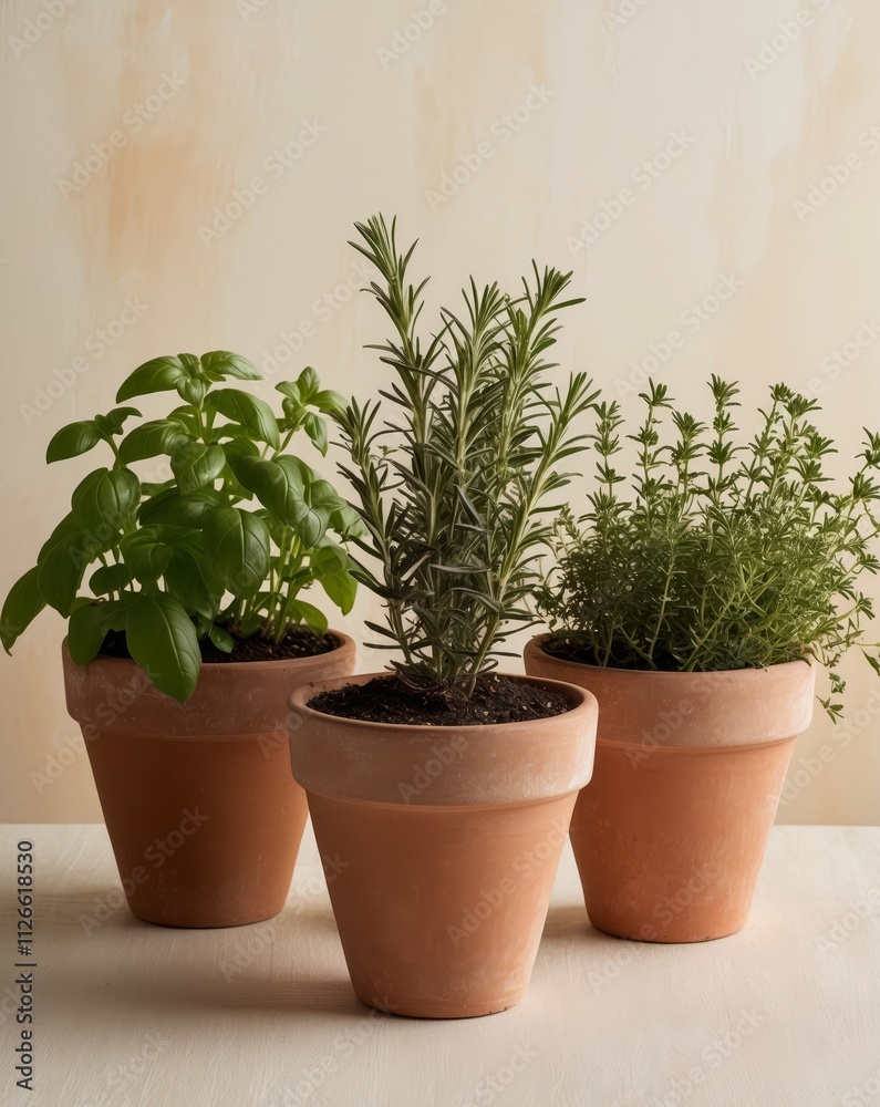 Terracotta Pots with Freshly Planted Herbs Terracotta Pots with Freshly Planted Herbs