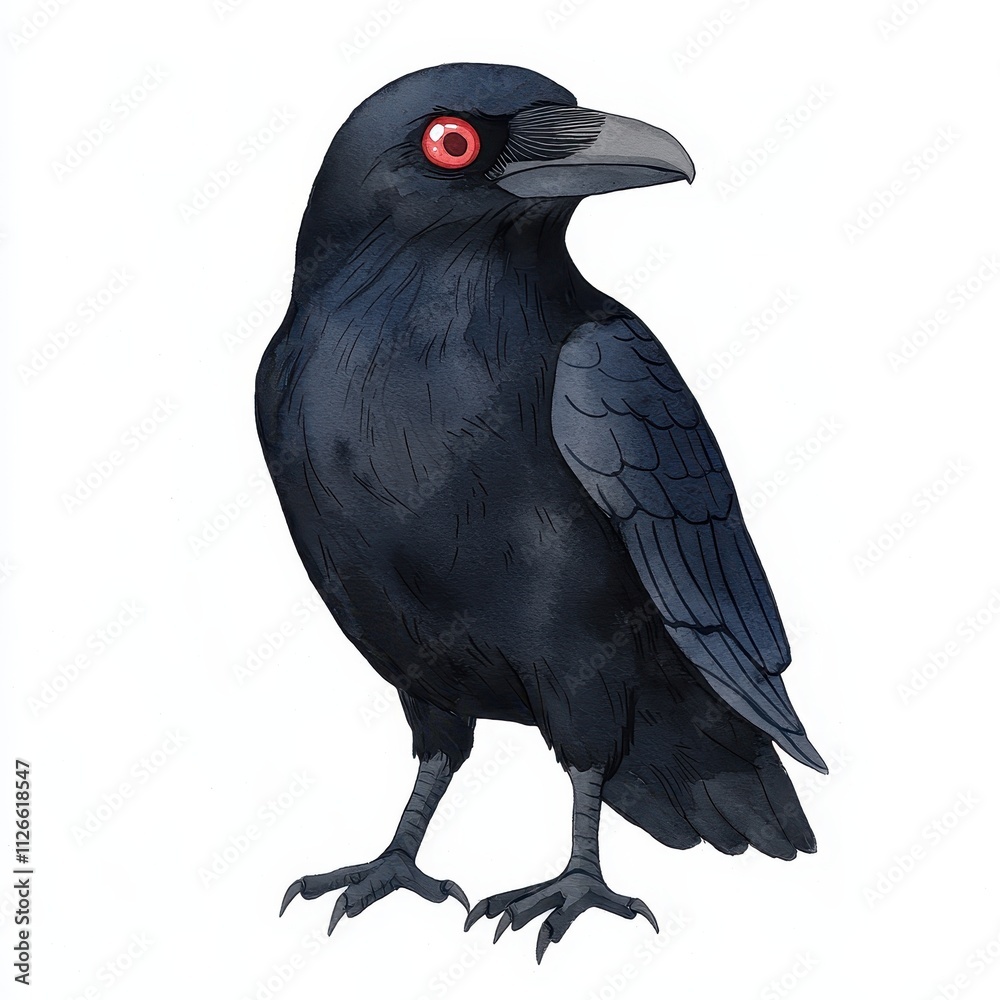 Fototapeta premium Watercolor Raven Illustration Dark Bird Red Eyes Mythical Creature Gothic Style Fantasy Art