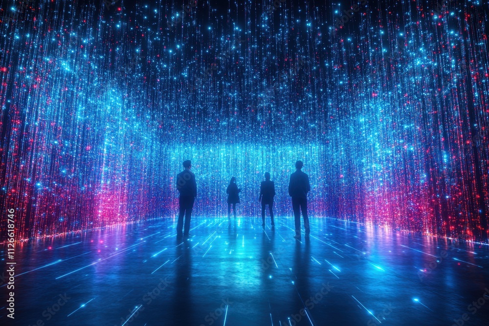 Obraz premium Silhouettes of People Gazing at a Futuristic Data Stream