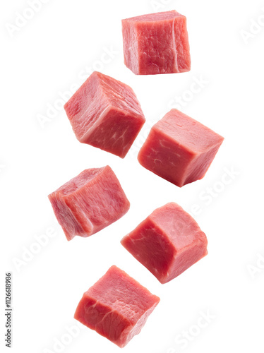 Raw beef cubes tumbling on a clear backdrop, ideal for food and recipe themes