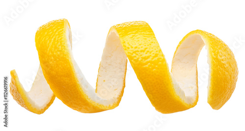 Lemon peel in a perfect spiral isolated on transparent background, great for food and beverage ads photo