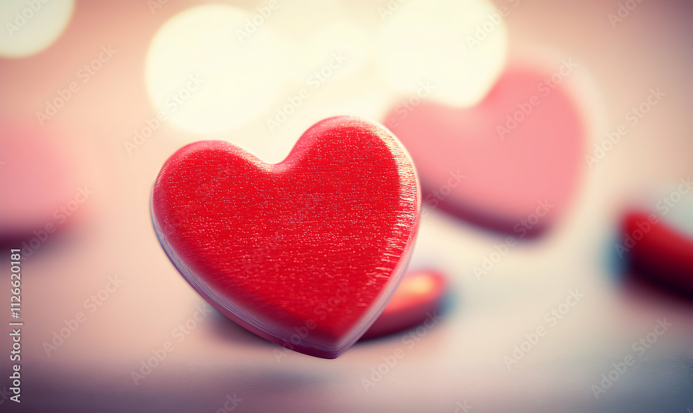 A close-up shot of a single, textured, red heart shape, subtly floating amidst a bokeh background of blurred hearts, creating a romantic and dreamy atmosphere. A close-up shot of a single, textured, red heart shape, subtly floating amidst a bokeh background of blurred hearts, creating a romantic and dreamy atmosphere.