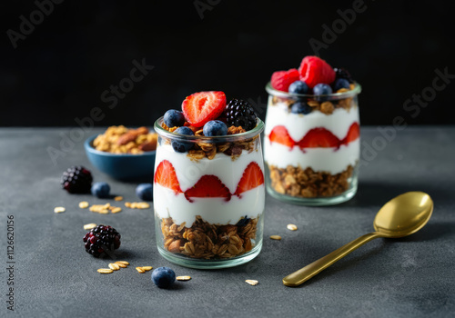 Greek Yogurt Parfait with Healthy Granola and Mixed Berries